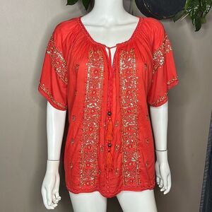 Calypso St. Barth Red Embellished Scoop Neck Blouse Large Gold Sequins
